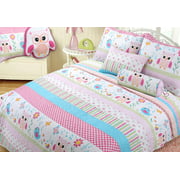 Cozy Line Happy Owl Pink Reversible Quilt Bedding Set, Coverlet, Bedspreads for Kids, Girls (Happy Owl, Queen - 3 Piece)