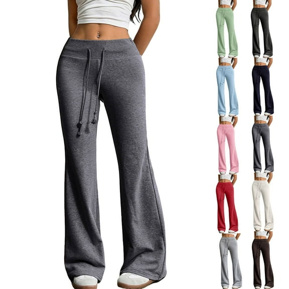 Cyglowse Women's Drawstring Waist Bell Bottom Flare Leg Sweatpants Sports Causal Pants Dark Gray L