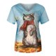 thumbnail image 3 of Pntutb moda mujer cuello en V manga corta gato pintura estampado Casual top blusa camiseta Pntutb Pntutb-8658, 3 of 9