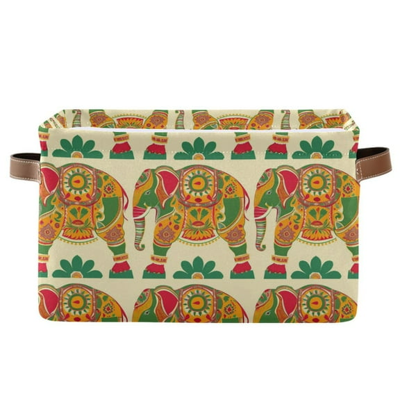 Colorful Indian Elephant Storage Bins with Handle Fabric Organizer Basket Foldable Box 1 Pack 14.2x10.2x8.3