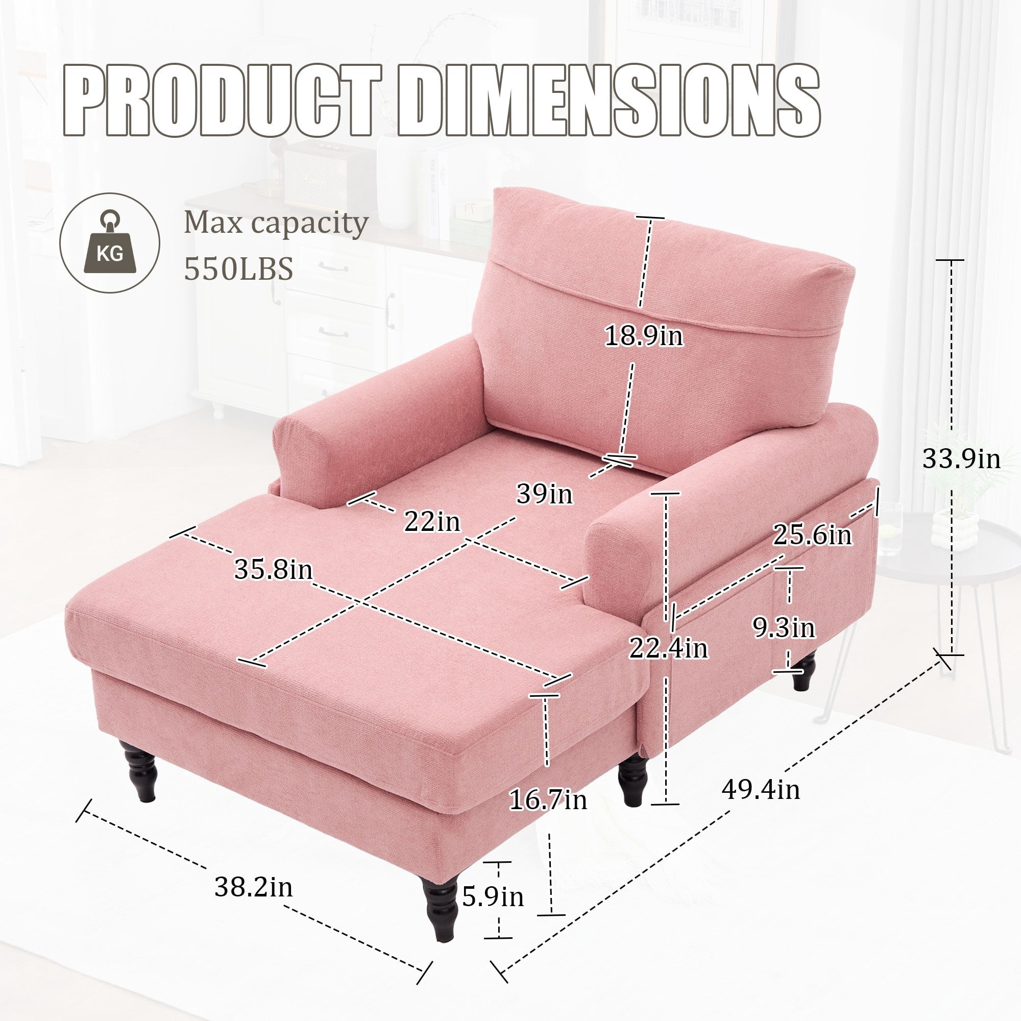 Sailvan Modern Chenille Chaise Lounge Indoor Recliner Chair Single Sofa with Storage Pocket & Solid Wood Legs Pink