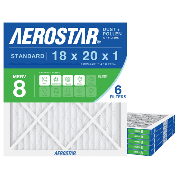 Aerostar 18x20x1 MERV 8 Air Filter, Pleated AC Furnace HVAC, Dust Pollen Pet Dander, 6 Pack