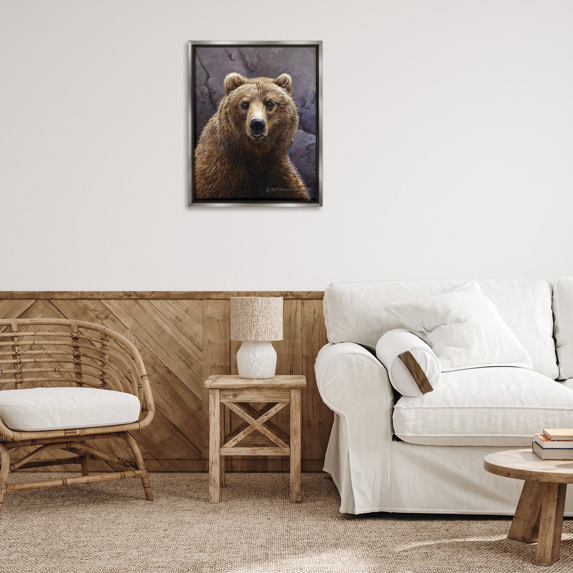 Stupell Industries Surprised Bear Portrait Animals Painting Gray Floater Framed Canvas Art Print Wall Art, 25 x 31
