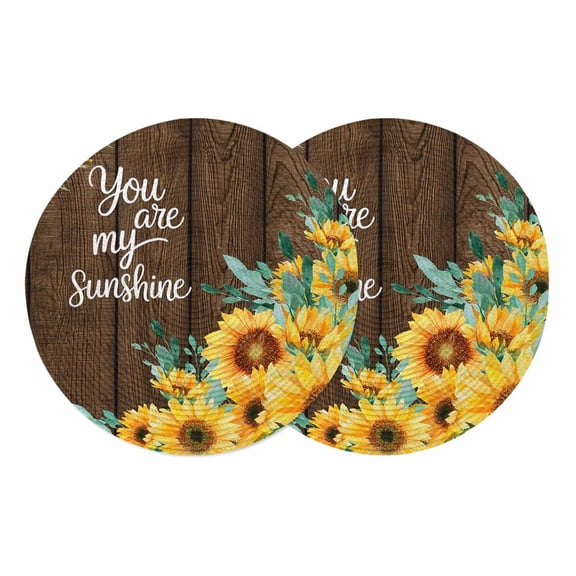Sunflower Round 13 Inch Placemats Set of 2, Summer Botanical Yellow Floral Brown Wooden HeatResistant Non Slip Place Mats for Dining Table, Wipeable Braided Kitchen Table Mats for Housewarming