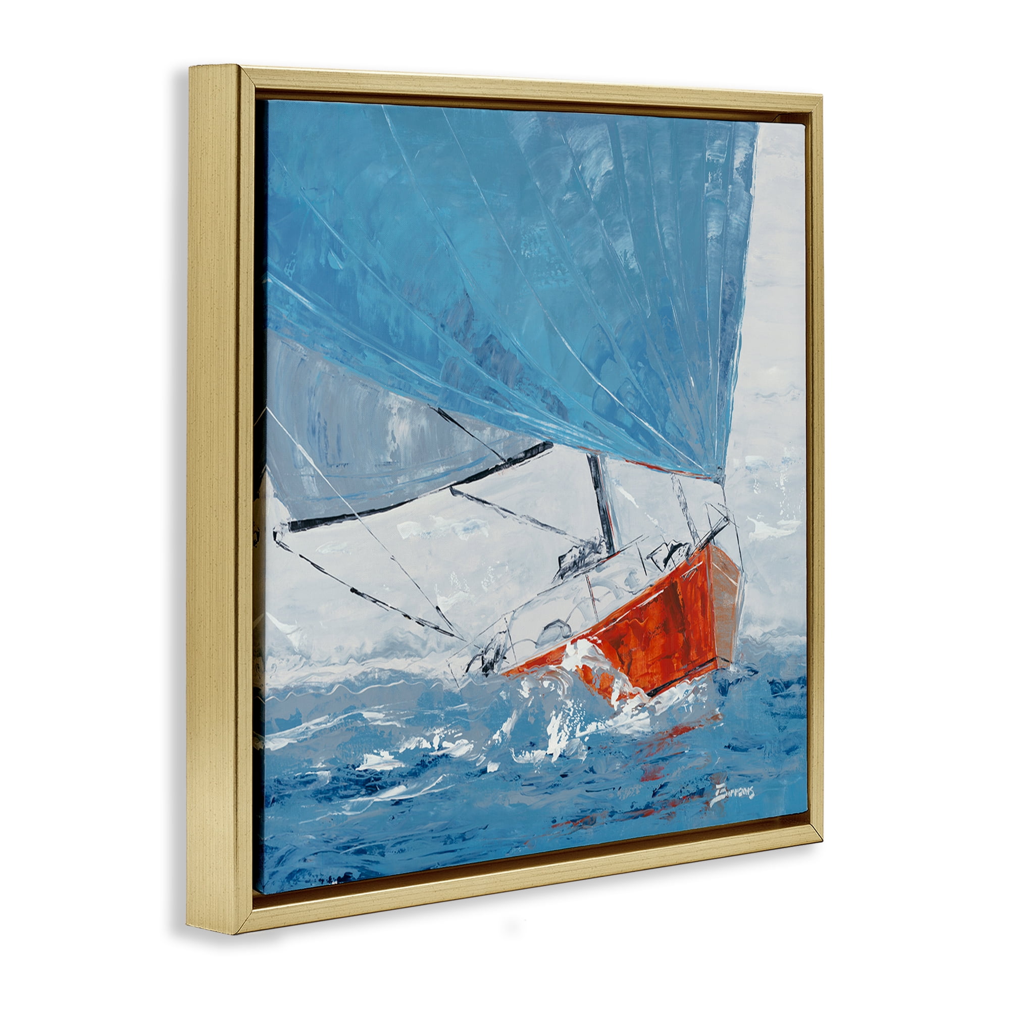 Stupell Industries Crashing Waves Against Boat Nautical & Beach Painting Gold Floater Framed Canvas Art Print Wall Art, 25 x 25