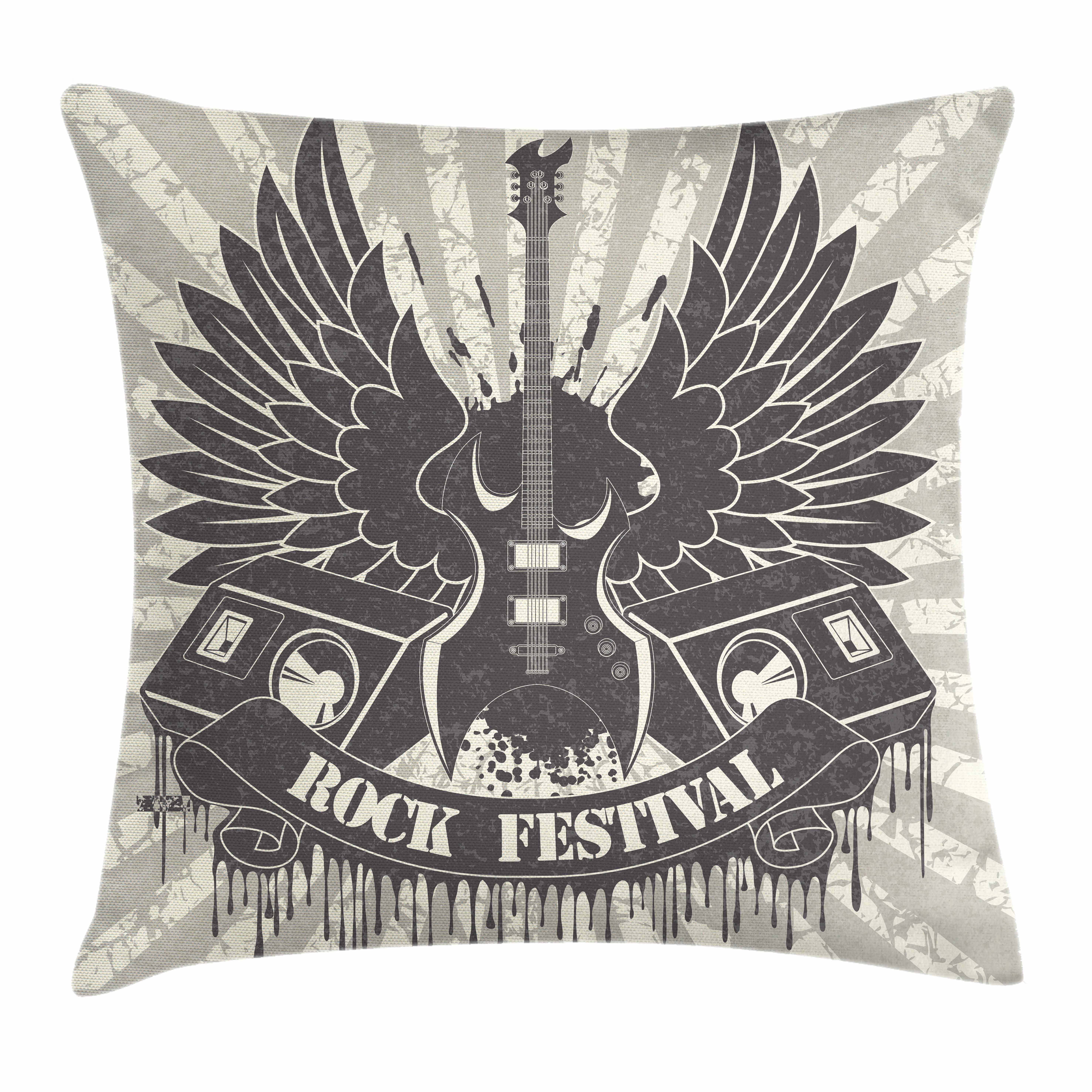 Rock Music Throw Pillow Cushion Cover, Striped Background Instrument Wings Speakers Rock and ...