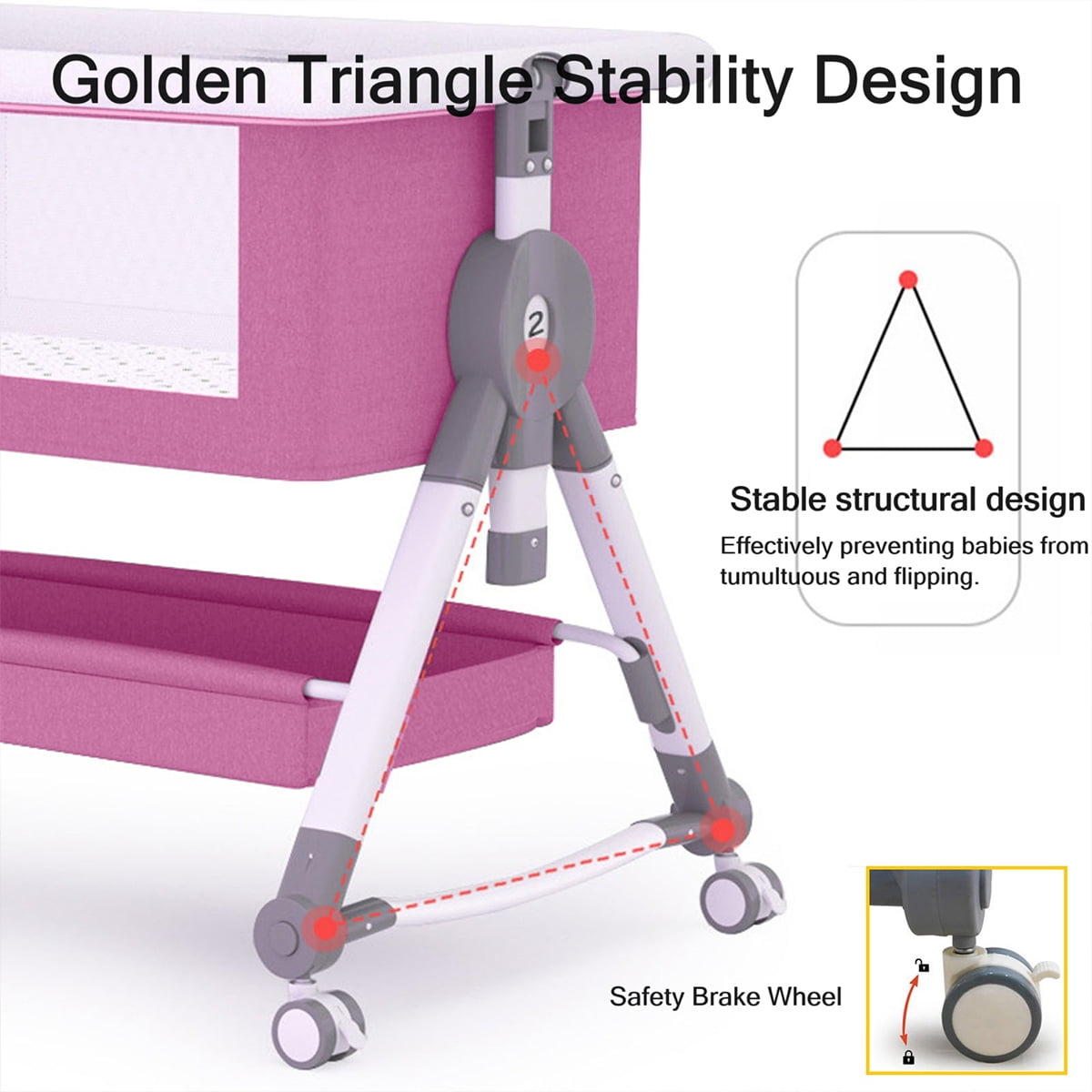 SLLINGLUO Baby Bassinet with Wheels & Changing Table, 5-Level Height Adjustable Folding Bedside Crib, Pink