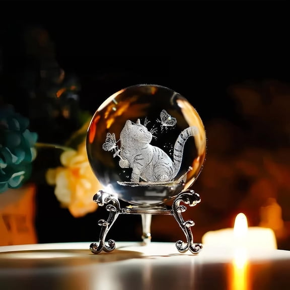 2.4in 3D Laser Engraved Cat Crystal Ball with Stand, Cat Themed Gift Boxed | Laser Engraved Cat Glass Animal Paperweight Glass Kitty Decorative Ball Home Table Decor