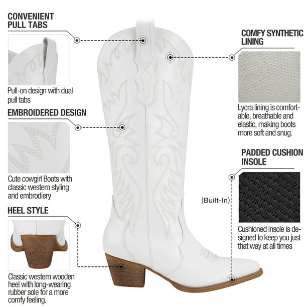 Rollda Cowboy Boots for Women Embroidered White Cowgirl Boots Knee High Western Boots with Chunky Heel Size 9 Walmart Business Supplies