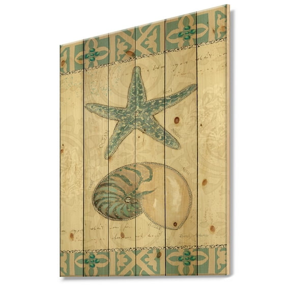 Designart 'Seastar and Blue Sea Shell I' Nautical & Coastal Print on Natural Pine Wood