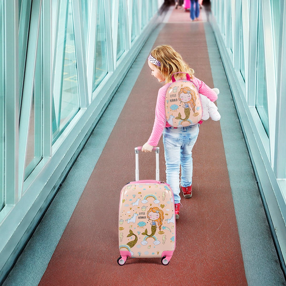 Costway 2PCS Kids Luggage Set 18'' Rolling Suitcase &  12'' Backpack Travel ABS Mermaid Pink