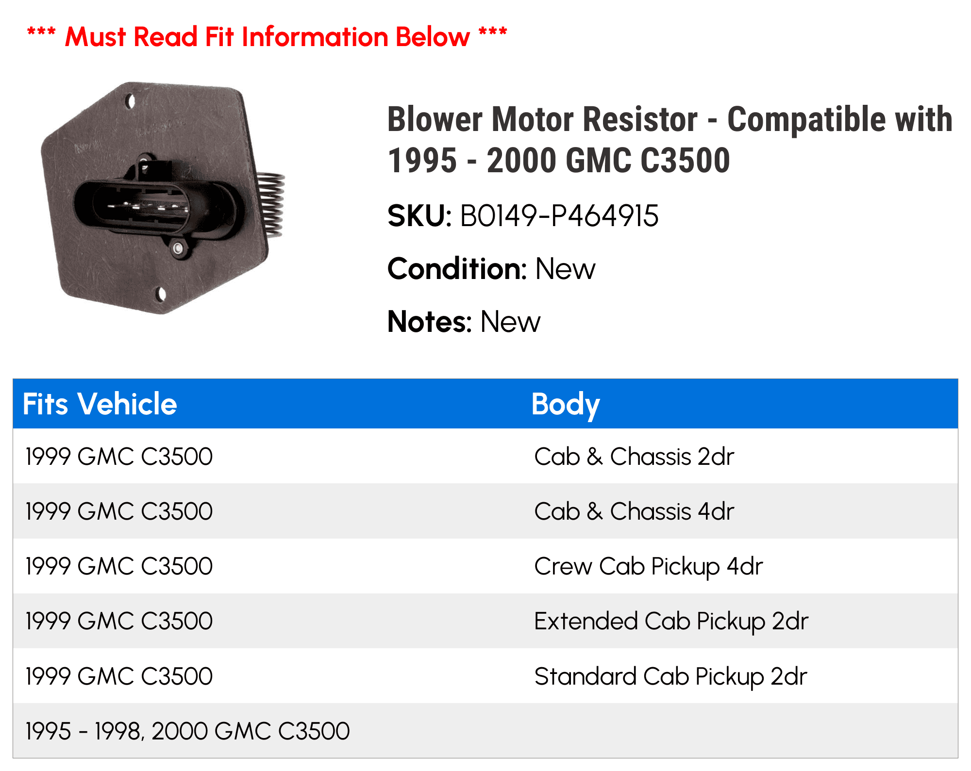 Blower Motor Resistor - Compatible with 1995 - 2000 GMC C3500 - AC Delco