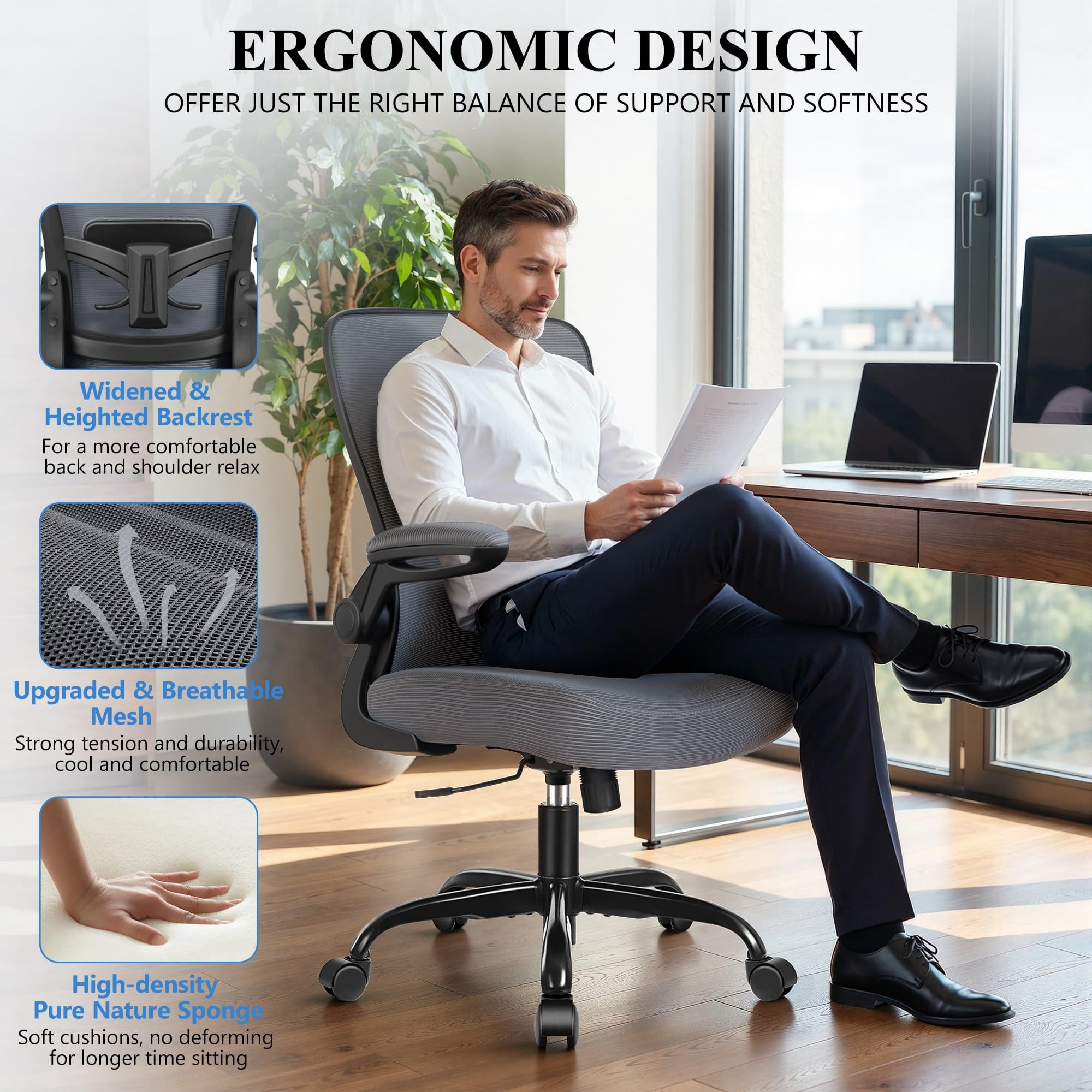 Office Chair, Ergonomic Desk Chair Breathable Mesh Chairs Adjustable High Back Lumbar Support Flip-up Armrests, Executive Rolling Swivel Comfy Computer Chairs Home Office Black