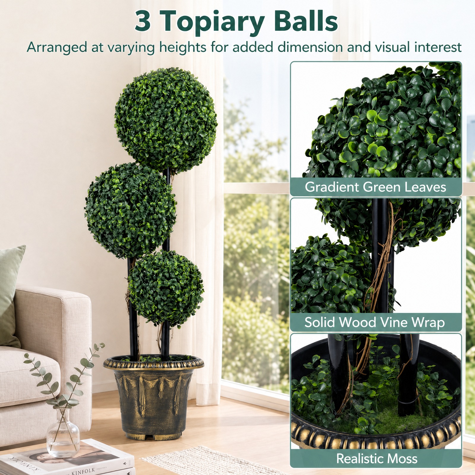 Vebreda Artificial Plant Decor, 2.5/3 FT Artificial Boxwood Topiary Tree Triple Ball Shrubs, Triple Ball Display, No-Care Daily Beauty