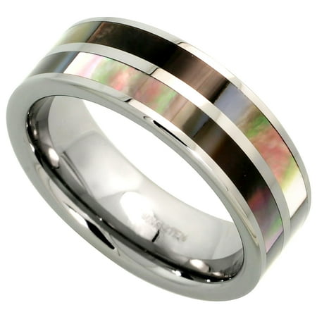 8mm Tungsten 900 Wedding Ring Mother of Pearl Inlay Stripes Comfort fit, sizes 7 - 14
