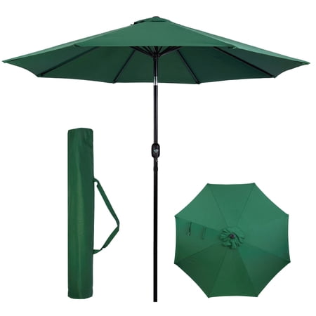 Backyard Expressions 9 Ft Patio Umbrella with Push Button Tilt and Crank System - UV Resistant Polyester Fabric, Market Umbrella with 8 Sturdy Ribs - Dark Green