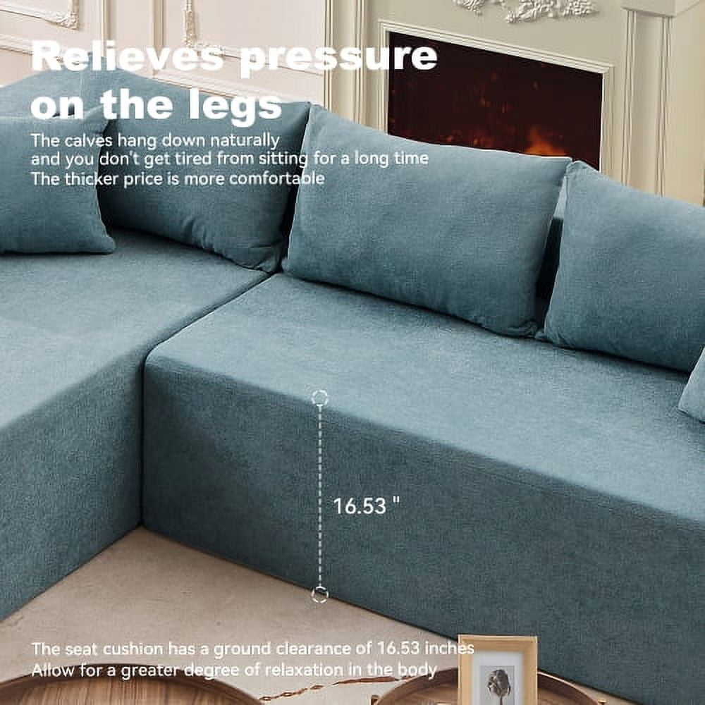 Aukfa 107" L-Shaped Sofa Couch, Pure Sponge Sleeper Sofa Bed with 5 Pillows, Assemble Free, Blue
