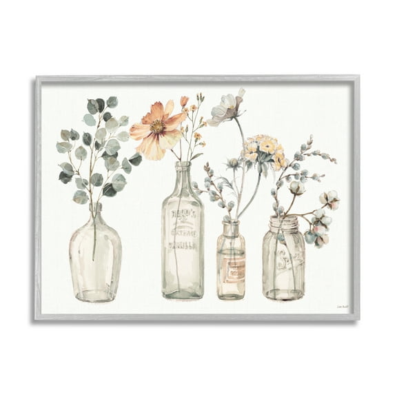 Stupell Industries Antique Floral Bouquets Flowers Glass Jar Painting Gray Framed Art Print Wall Art, 24x30, by Lisa Audit
