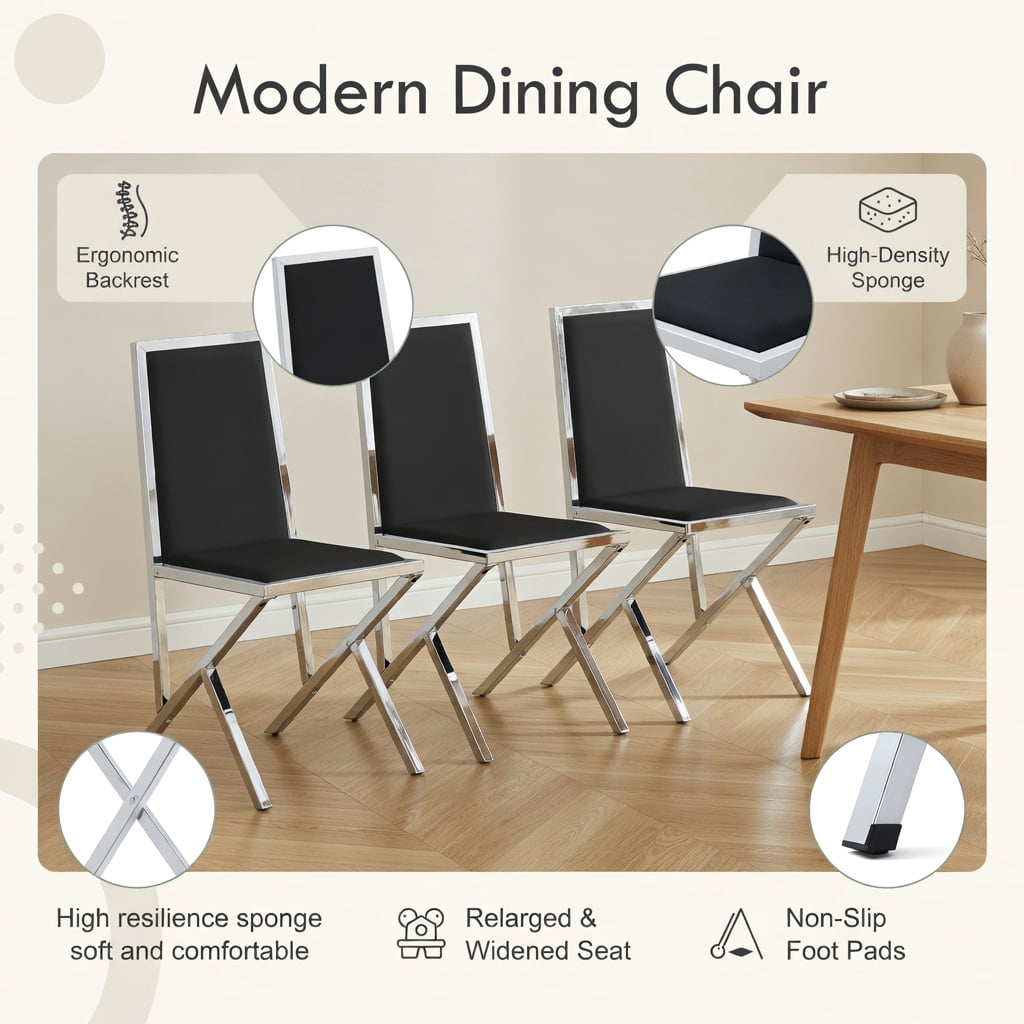 Hommoo 4-Pack Modern PU Leather Dining Chairs with Metal Frame, Ergonomic, Easy Assembly, Anti-Slip Adjustable Feet, Black & Sliver
