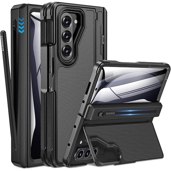 can for Samsung Galaxy Z Fold 5 Case [Thinner S Pen Holder] [Hidden Kickstand] [Hinge Protection] [Screen Protector] Full Body Hard Shockproof Phone Cover with Anti-Slip Textured for Fold5 - Black