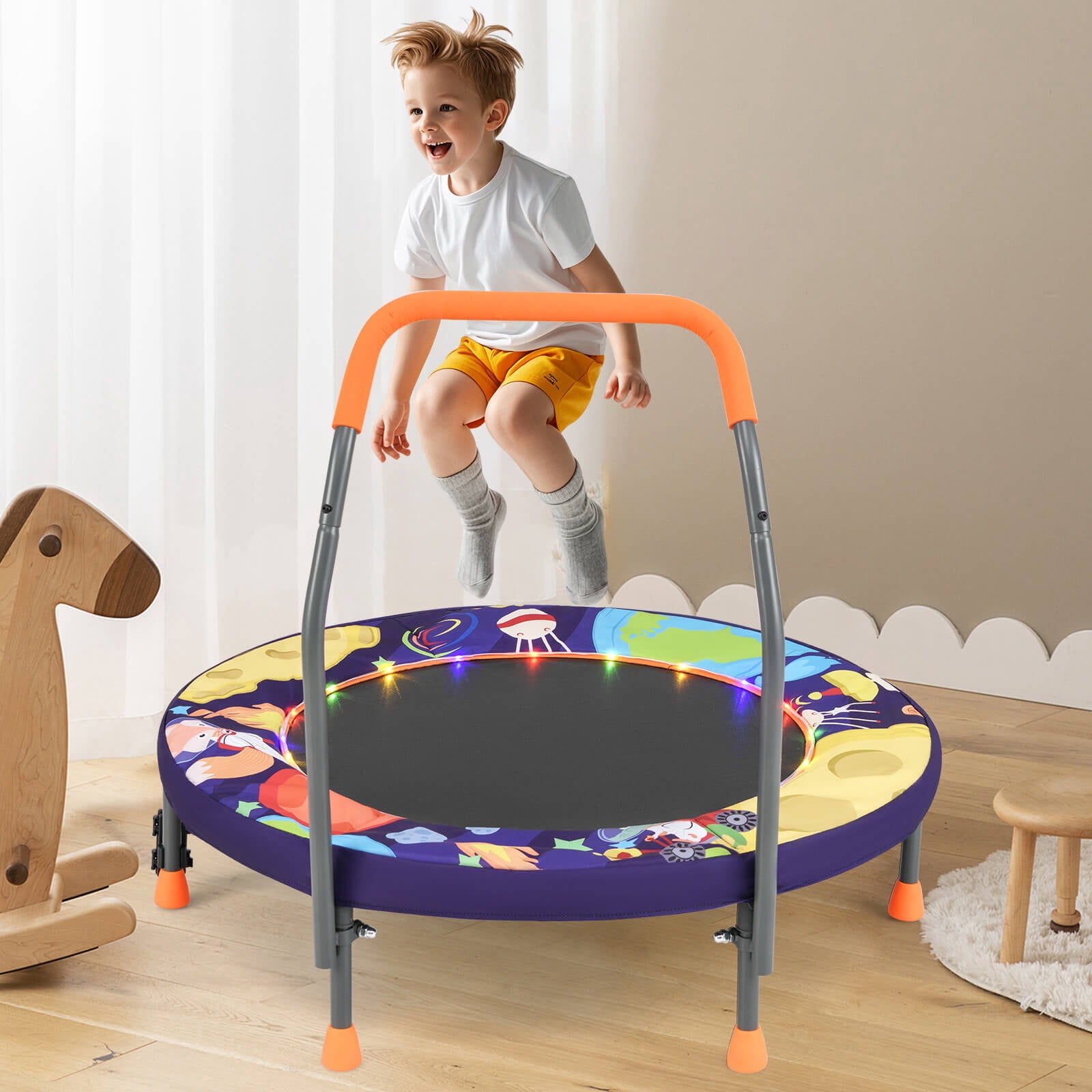 Infans 36" Foldable Kid Trampoline w/ 20 LED Lights Foam Handlebar Padded Safety Cover