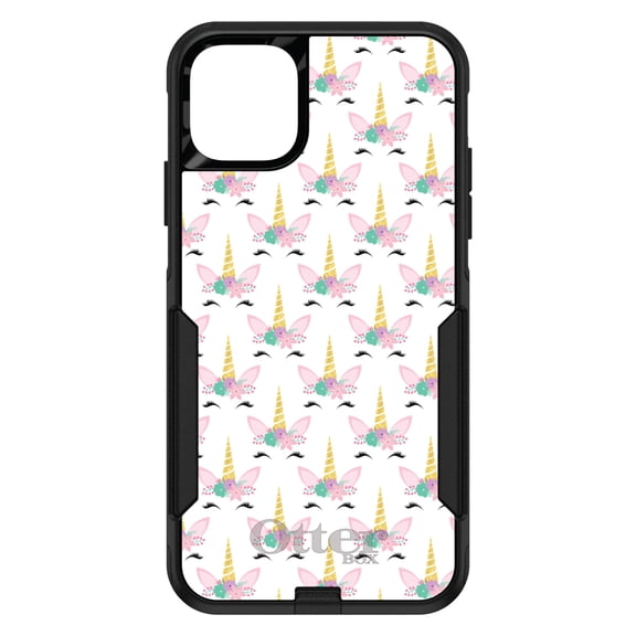 DistinctInk Case for iPhone 15 (6.1" Screen) - OtterBox Commuter Custom Black Case - Pastel Unicorn Pattern - White Pink Teal