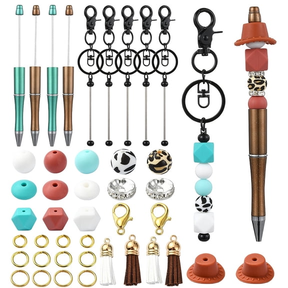 Cowboy Theme DIY Beadable Pen & Keychain Jewelry Making Kits with ABS Plastic Ball-Point Pen & Alloy Beadable Bar Keychain Mixed Color 4~148x4~14x0.7~14mm
