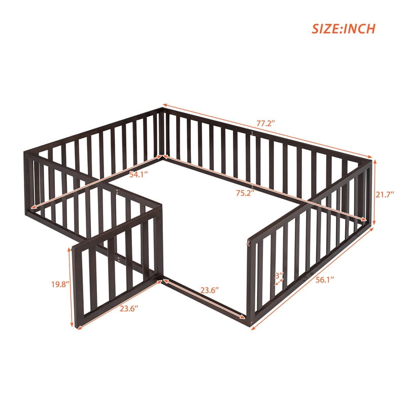 Full Size Floor Bed Platform Bed with Fence and Door, Wooden Montessori Bed Toddler Bed Kids Playhouse Bed with Guardrails for Boys Girls, No Slats
