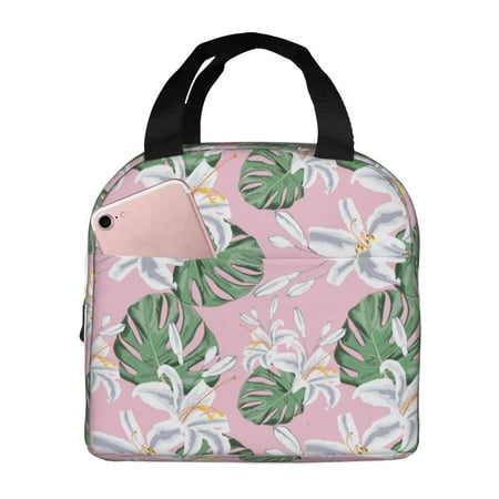 Insulated Lunch Bag for Women Men - Green Leaves Lilies Flowers Leakproof Cooler Lunch Box for Women Men  Lunch Tote Bags for Work School Picnic Travel