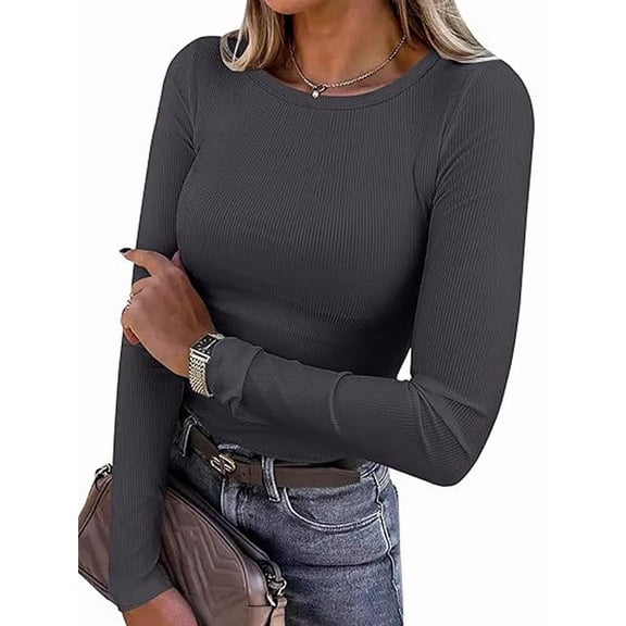 Women Long Sleeve Shirts Rib Knit Slim Fit Tops Fall Outfits Casual T-Shirt Underscrubs Layer Clothes Dark Gray L