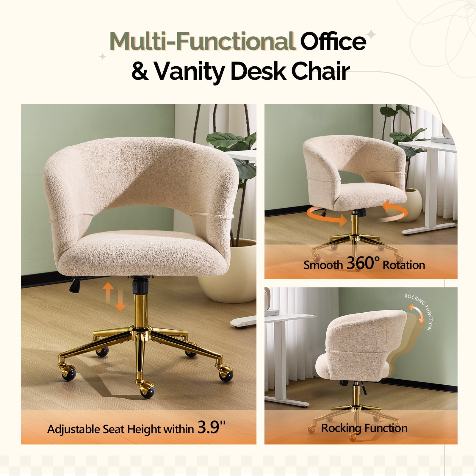 Ktaxon Flannel Accent Chair Multi-Use Makeup Desk Chair with 360 Swivel Adjustable Height for Bedroom Office Dorm Beige