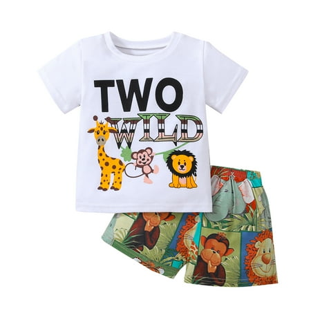 

Baby Boys Shorts Set Two Wild Animal Print Short Sleeve Letters T-shirt and Shorts outfit for birthday gift