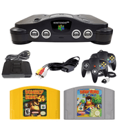 Restored Nintendo 64 N64 Game System with 2 Retrofam N64 Controller Black, Donkey Kong and Diddy Kong Racing