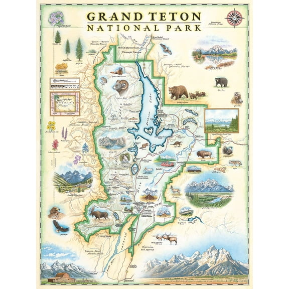 Grand Teton National Park Hand-Drawn Map Poster 18x24", Vintage-Style Wall Art, Lithographic Print with Soy-Based Inks, Gift for History Buffs, Travelers, Teachers, Made in USA