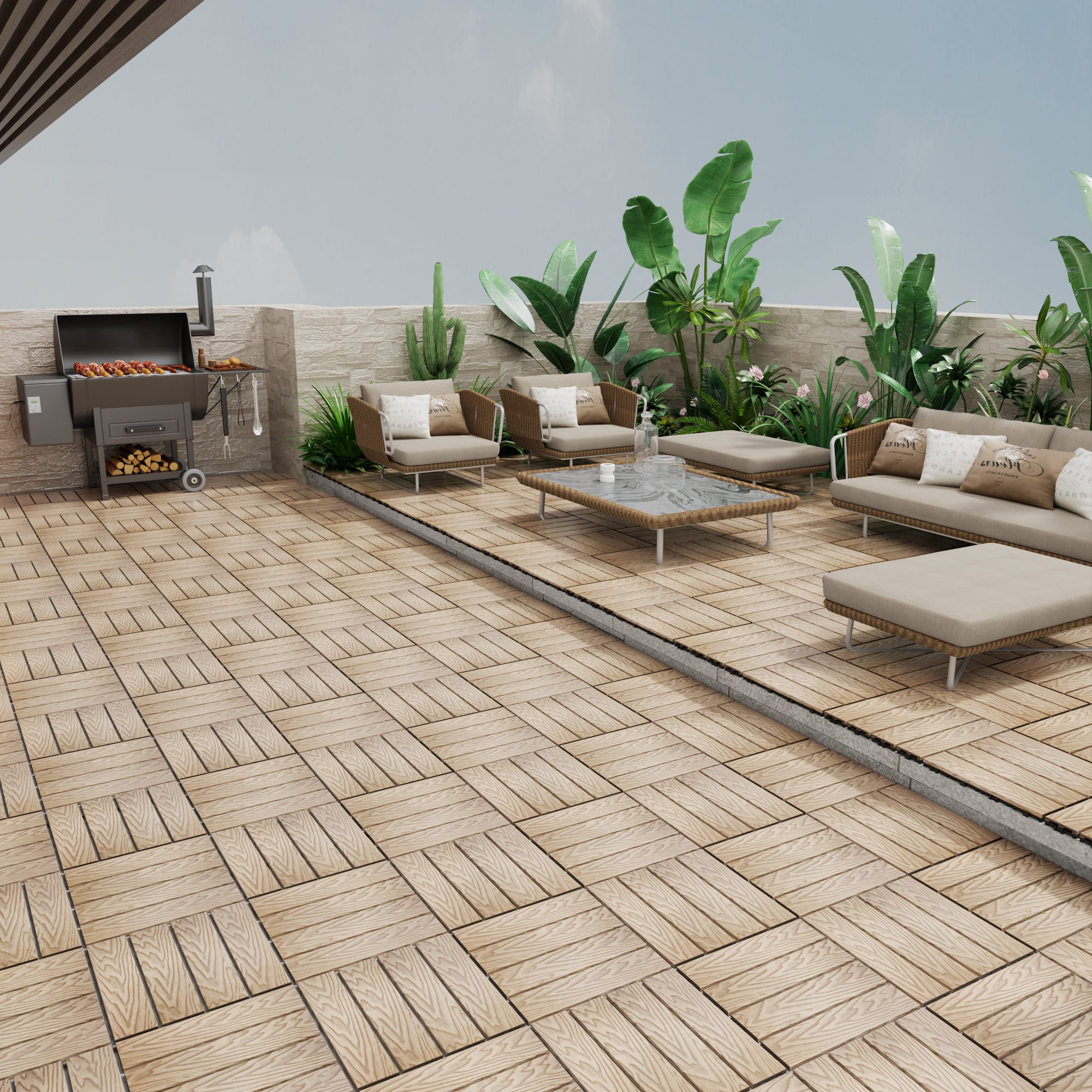 Miniyam 11 Pcs Interlocking Deck Tiles, 12" x 12", Wood-Plastic, for Outdoor Balcony Garden, Teak