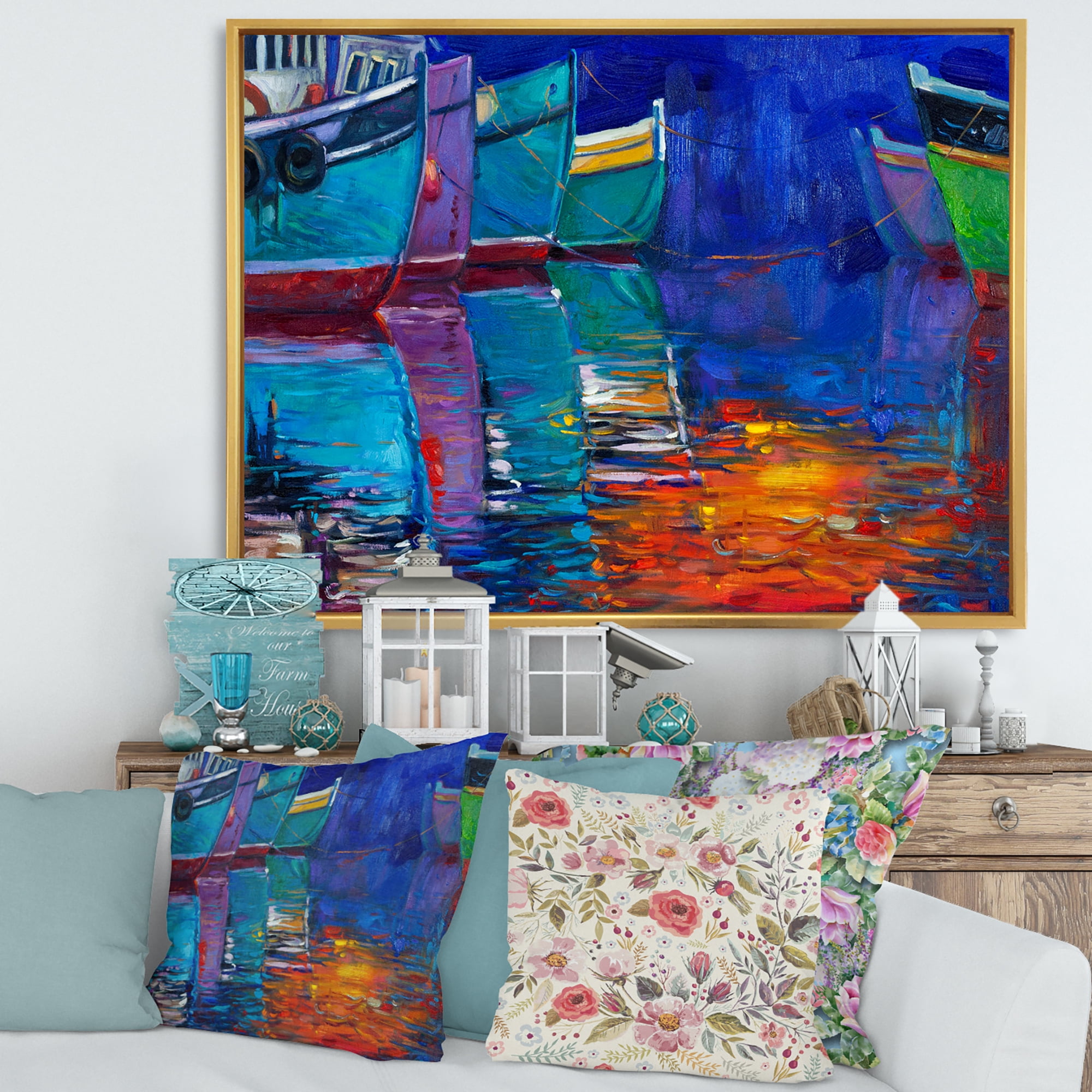 Designart 'Boats During Warm Sunset Resting On The Water I' Nautical & Coastal Framed Canvas Wall Art Print