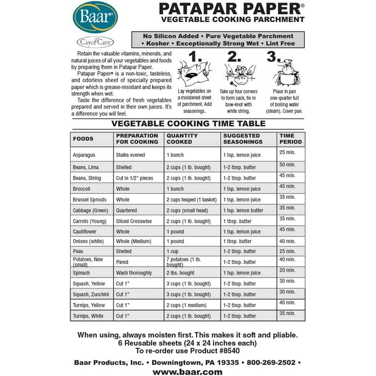 Patapar Paper, Cooking Parchment, 24 x 24, 6 Sheets