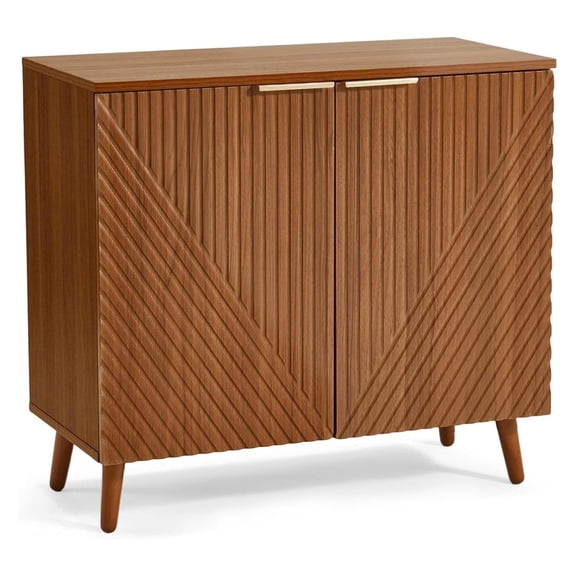 Fluted Brown Wood Sideboard Buffet Storage Cabinet with Doors, Console Table with Adjustable Shelves, Solid Pine Leg Dining Room Decor