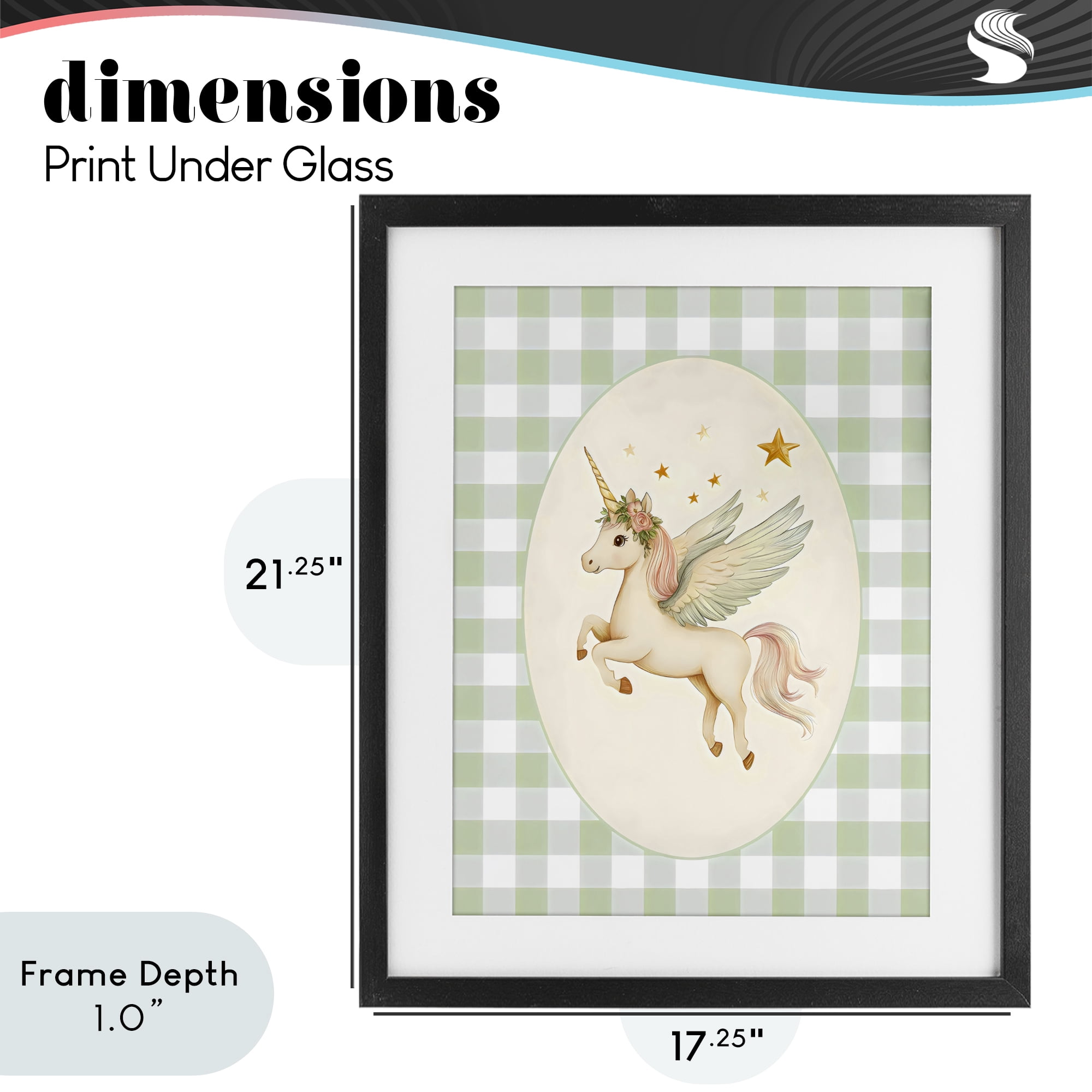 Stupell Industries Winged Unicorn over Green Gingham Black Framed Print Under Glass, design by Arlington Prints