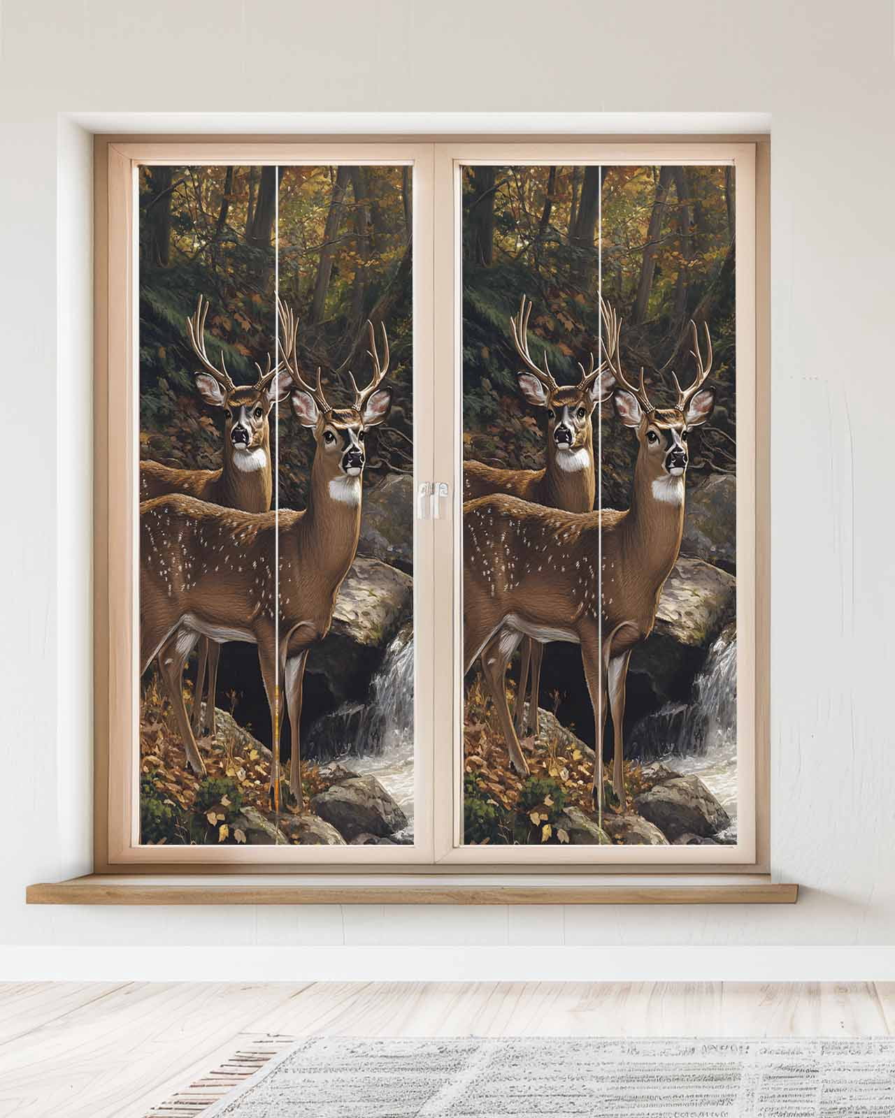 Window Privacy Film Forest Deer Stained Glass Window Film Decorative Sun Block Window Cover Farmhouse Vintage River Elk Window Clings Static Adhesive Sticker for Bathroom 23.6"x59"