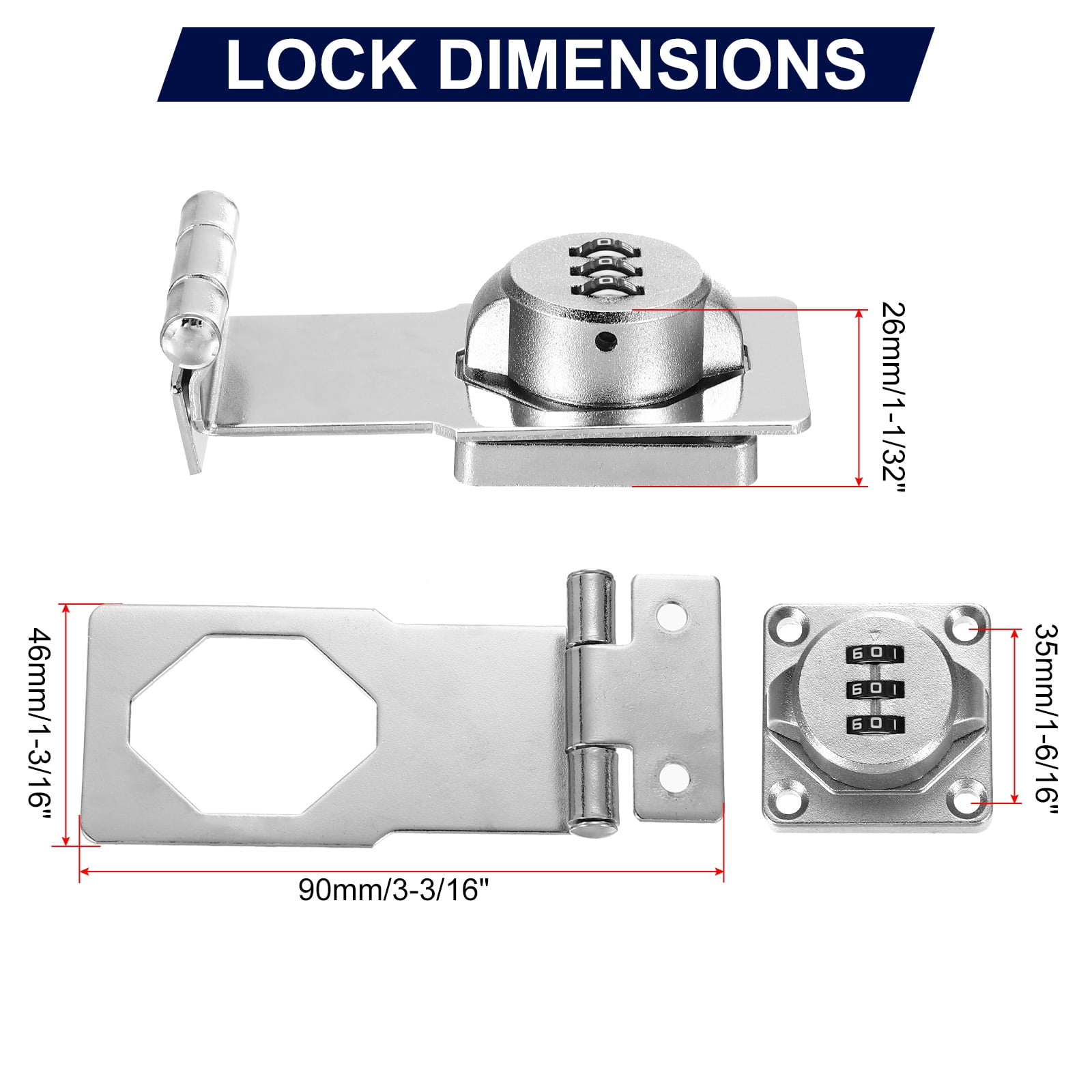 Uxcell Cabinet Password Hasp Lock 3-Digit 180 Degree Barn Door Lock Security Combination Latch Lock for Drawers Cabinet Silver 3.5"