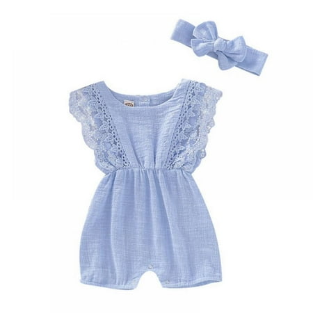 

Summer Newborn Baby Girls Rompers Set Flare Sleeve Solid Print Lace Design Bodysuit Jumpsuit With Headband for 0-24 Months (Blue)