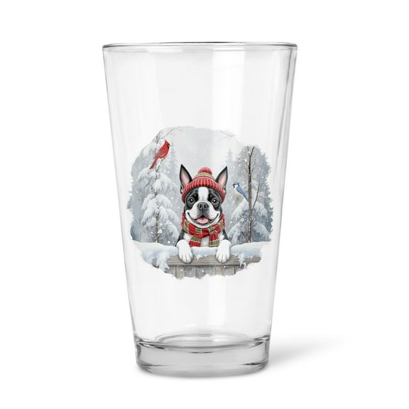 Playful Boston Terrier Welcomes Winter Snowy Day with Cardinal Bird 16oz Pint Beer Glass Mug Gentleman Dog Lover Gifts Beer Glasses Cup - 2017