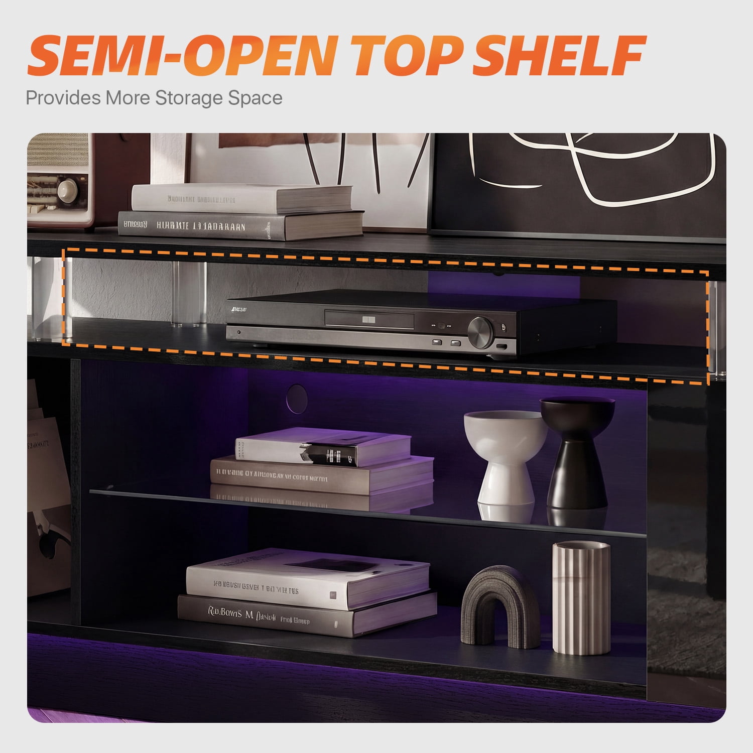 Sonegra 70” High-Glossy TV Stand with 2 Side Cabinets, Modern Stylish TV Console with 3 Layer LED Lights,Gaming TV Media Console with Adjustable Glass Shelf, Black