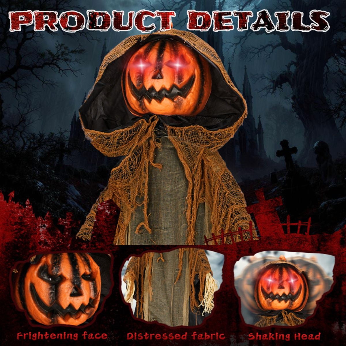 5.8FT Animatronics Pumpkin Ghost Sound-Activated Red Eyes Moving Head Hands for Halloween Haunted House