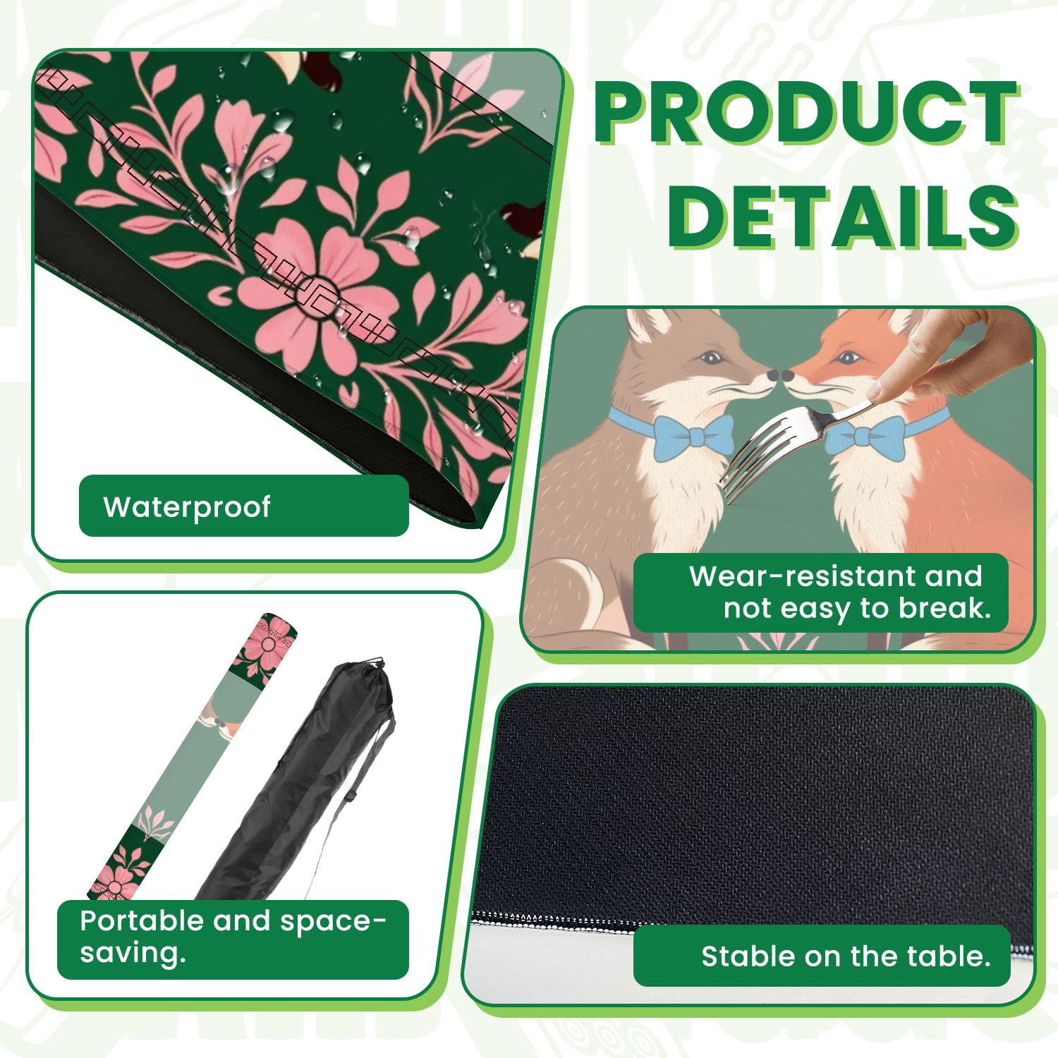 Mahjong Mat 31.5" x 31.5" Cute Fox Pair Blue Bow Ties Surrounded by Pink Floral Border Dark Non-Slip Noise Reduction American Mahjong Tiles Table Cover for Dominoes Poker Card Board Games Gift