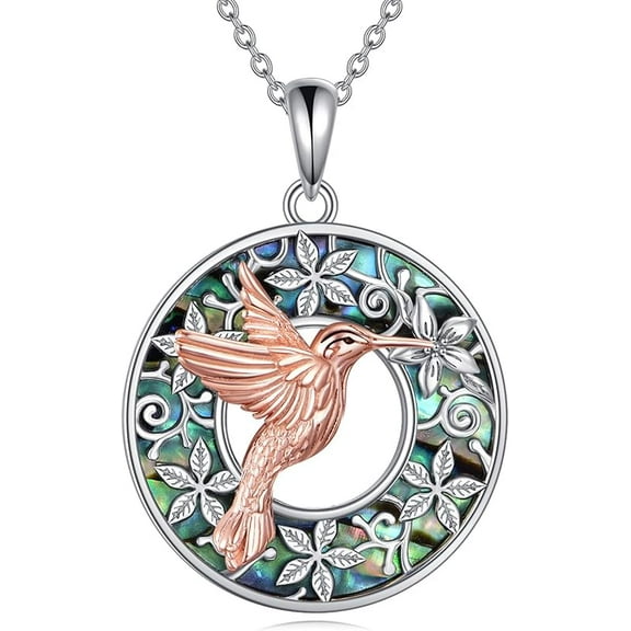 DOLIOX Hummingbird Necklace 925 Sterling Silver Abalone Shell Flower Pendant Necklace Jewelry Gift For Women