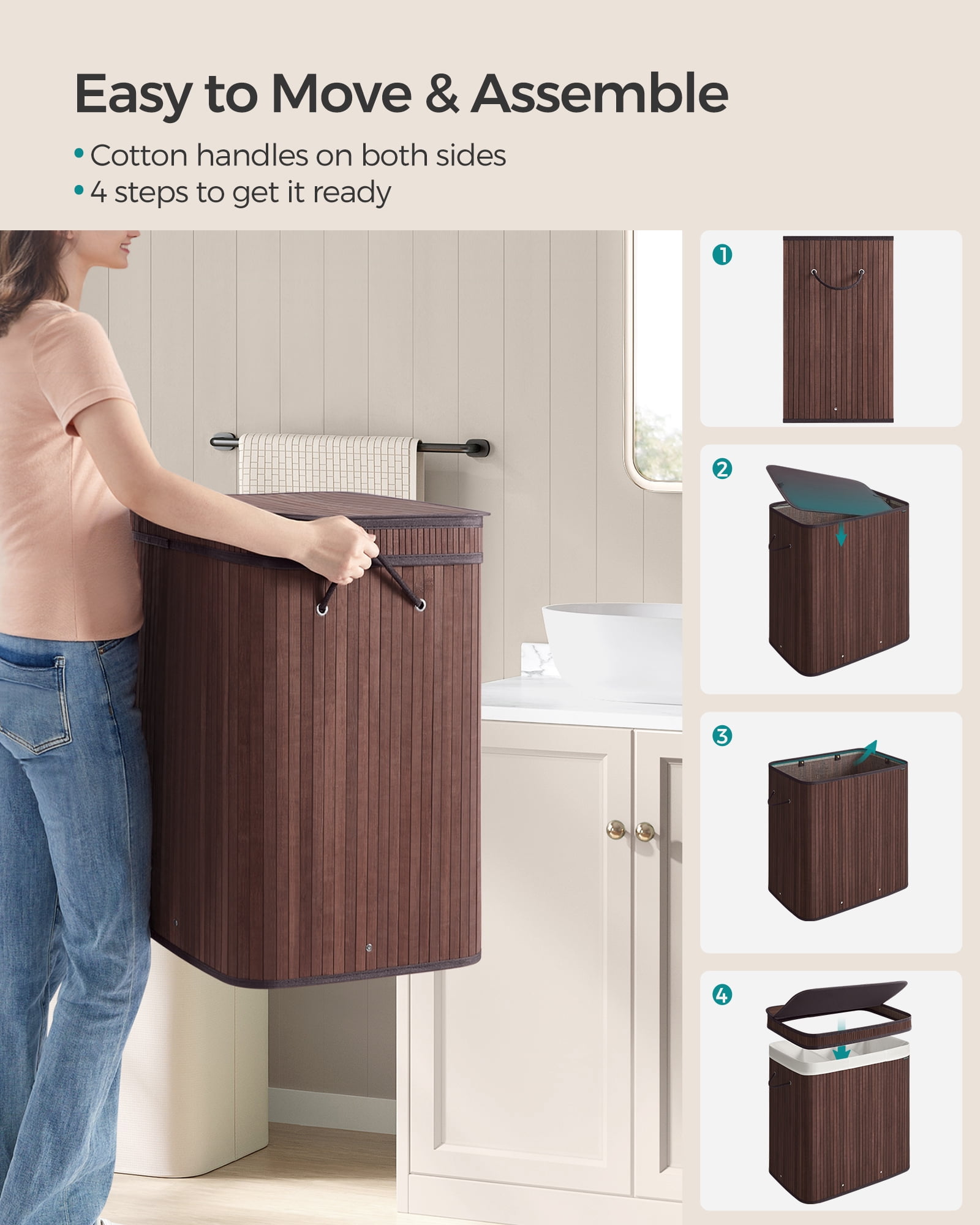 150L Laundry Hamper with Lid Bamboo Laundry Basket Removable Machine Washable with Handles for Laundry Room Bedroom Chestnut Brown