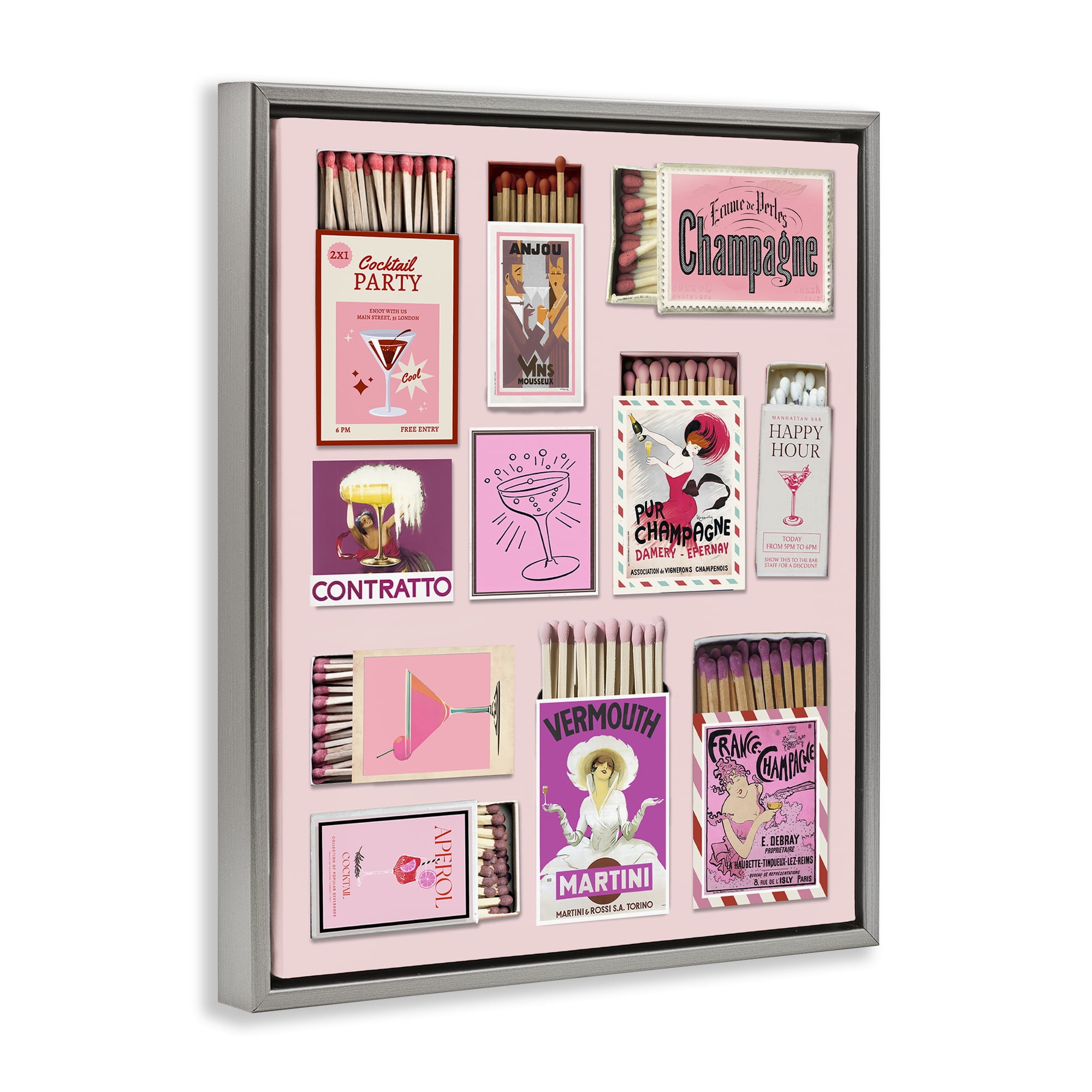 Stupell Industries Champagne & Cocktail Matchboxes Gray Framed Floater Canvas Wall Art, design by CAD Designs