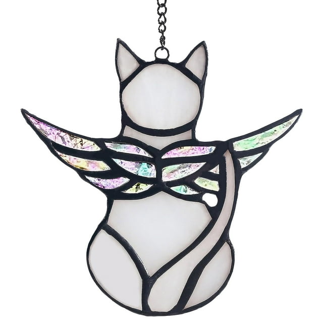 Wdhugt White Angel Cats Memorial Gift Colorful Hanging Ornament For Pet Loss Remembrance With Angel Wings Design 4.5X4.5X0.2 Inches Plastic Material Includes Iron Chain For Display White